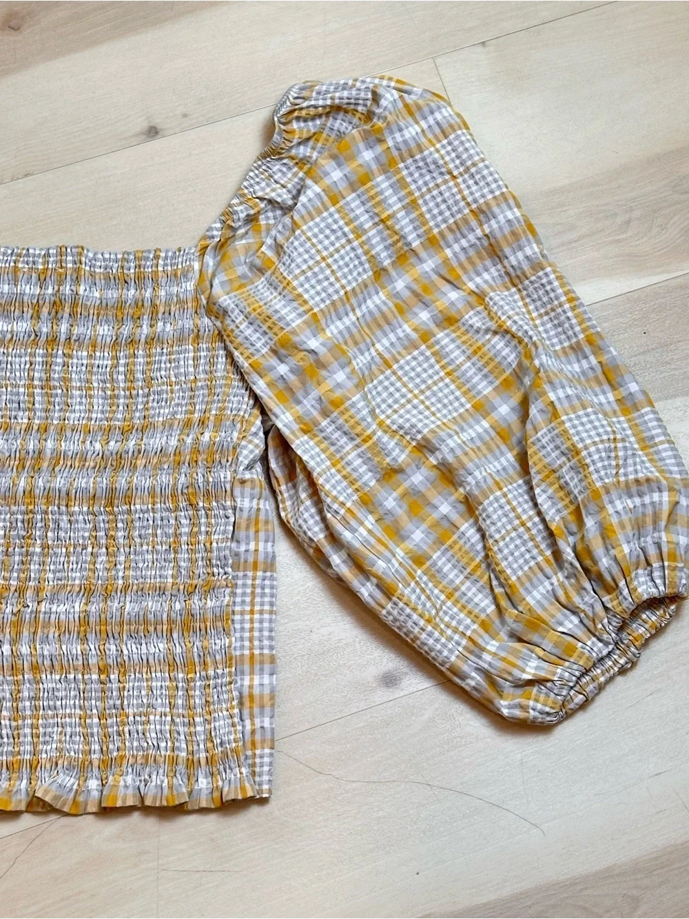 Anthropologie Maeve Plaid Square-Neck Blouse Sz M puff sleeves Casual Travel